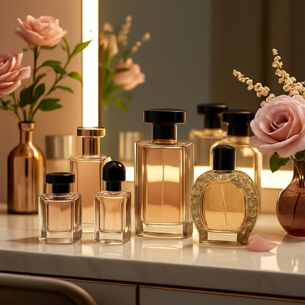 Luxury perfume bottles displayed on a vanity for fragrance collection.
