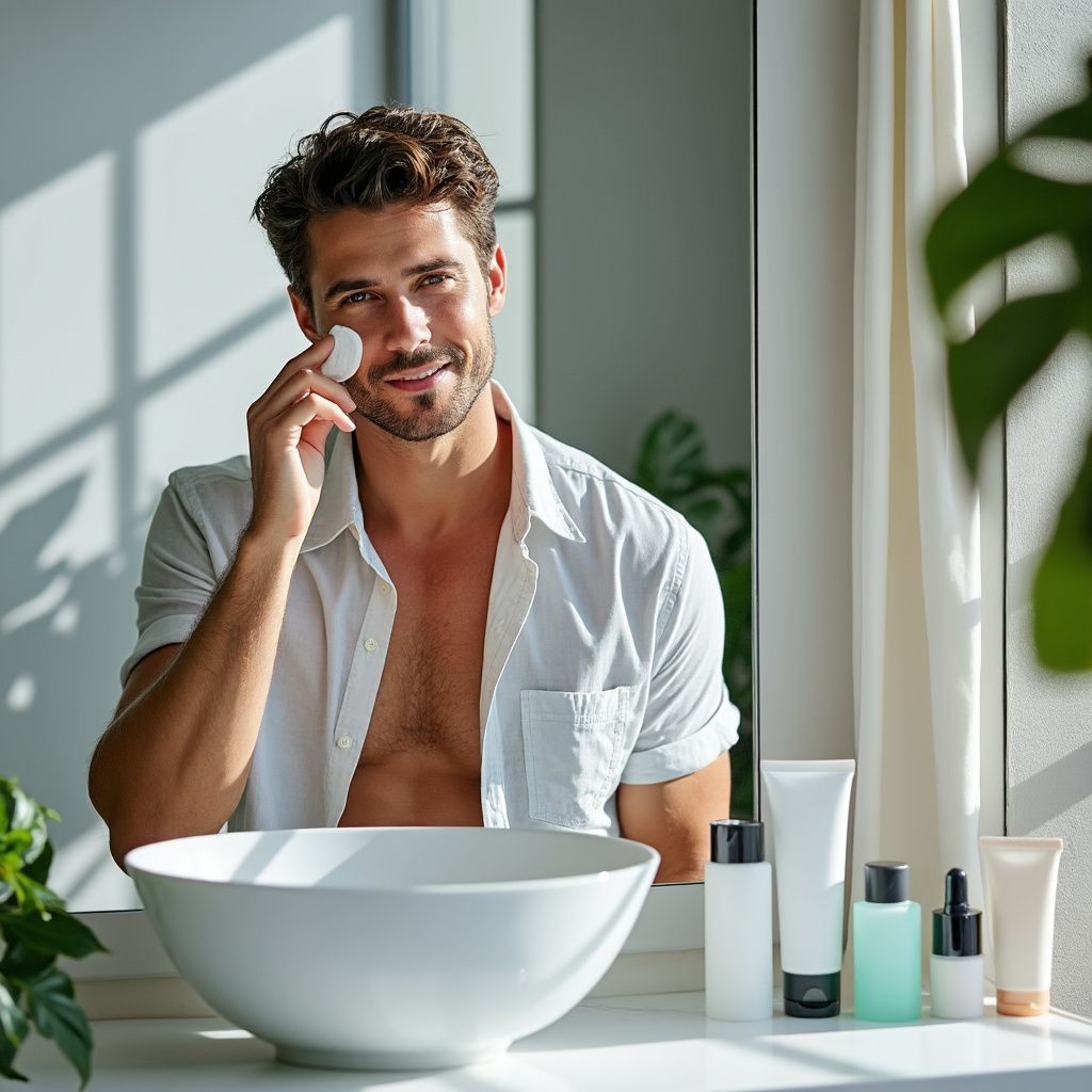 Man applying skincare cream as part of men's grooming routine.